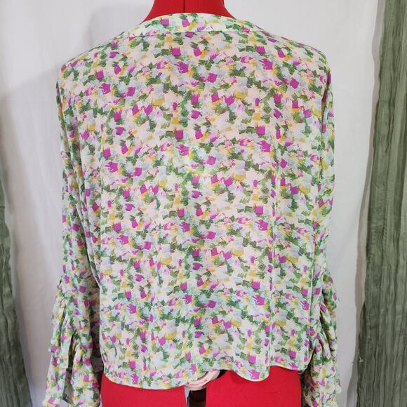 Green and Pink Ruffle Long Sleeve Button Up Oversize Woman's Blouse Size XL - Picture 4 of 6